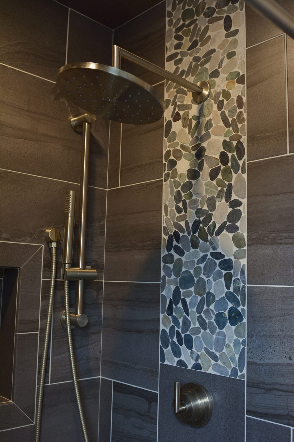 Shower Tile and Stone Waterfall Shower with Wand in Silver
